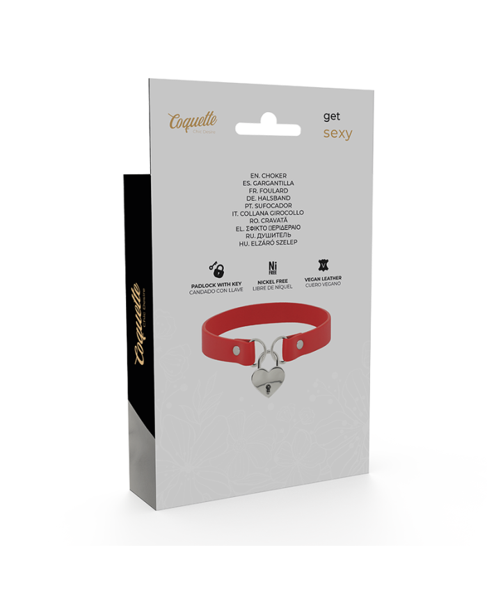 COQUETTE CHIC DESIRE - COLLIER EN CUIR VEGAN ROUGE COEUR AVEC CLE