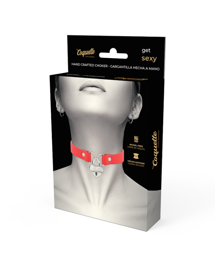 COQUETTE CHIC DESIRE - COLLIER EN CUIR VEGAN ROUGE COEUR AVEC CLE