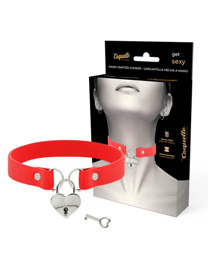 COQUETTE CHIC DESIRE - COLLIER EN CUIR VEGAN ROUGE COEUR AVEC CLE