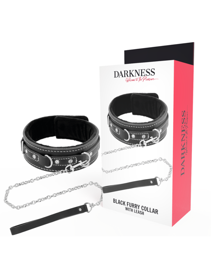 DARKNESS - COLLIER FOURRURE NOIR AVEC LAISSE